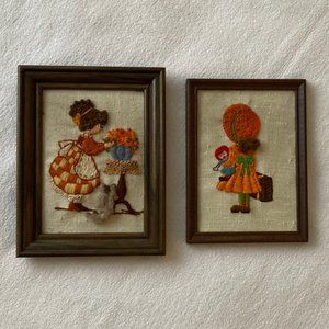 Wall art framed cottagecore vintage needlepoint yarn crewel